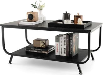 Costway Costway - Mesa De Centro De M&aacute;rmol, Mesa De Centro Moderna Con Marco De Metal, Mesa De Centro Rectangular De 2 Niveles Con Estante De Almacenamiento, 