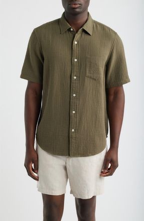 Nordstrom Duo Gauze Short Sleeve Cotton Button-Up Shirt in Olive Tundra at Nordstrom, Size Xxx-Large