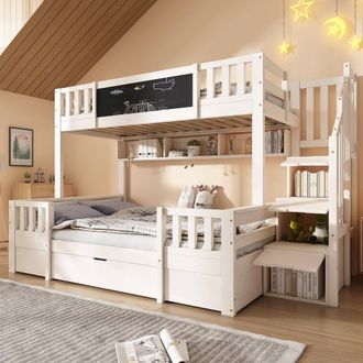 Merax Single Over Double Bunk Bed With Storage Stairs & Chalkboard in White