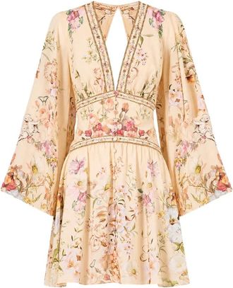 Camilla Korte jurk met knoopsluiting en open rug - Dames - Korte kleedjes - Beige - XL - Leer - Kleedjes