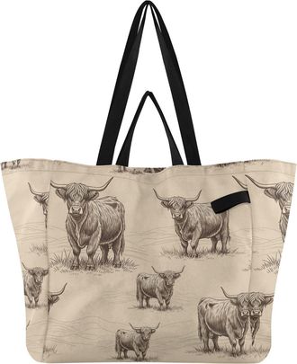 Generic Highland Cow Brown print Reusable Canvas Tote Bag, Heavy Duty Grocery Shopping Bag with Large Capacity Hard Bottom Double Handles Work Groceries Trave