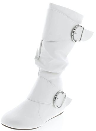 Forever Link Womens Closed Round Toe Buckle Slouch Flat Heel Mid-Calf Boot, White Pu, 8 UK