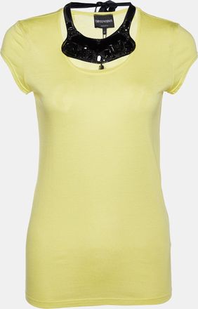 Emporio Armani Yellow Cotton & Modal Embellished Neck Detail T-Shirt