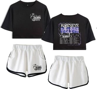 Generic Katseye Beautiful Chaos Tour 2025 Tops Two Piece Set Shorts+Lovely Tshirt Harajuku Streetwear Girl Sets Fashion (Black-White,S)