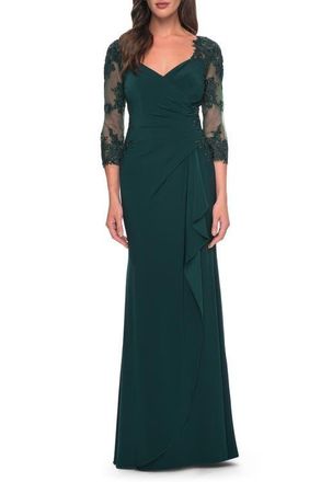 La Femme Lace and Net Jersey Gown with Illusion Sleeves in Hunter Green at Nordstrom, Size 12