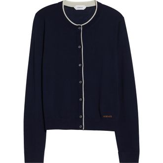 Versace Tipped Wool Blend Cardigan in Navy at Nordstrom, Size 4 Us