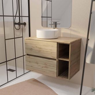 Aurlane Aurlane - Mueble De Ba&ntilde;o 80 Roble Con 2 Cajones Y Estantes - Encimera Y Lavabo Blanco