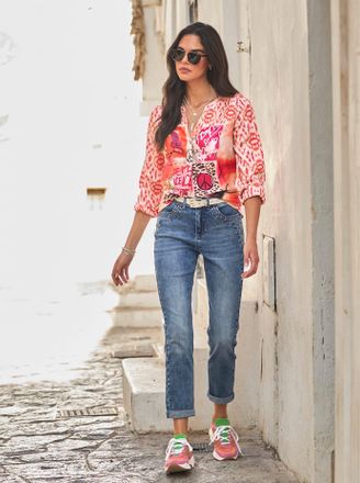 Heine Druckbluse HEINE, Damen, Gr. 34, orange (apricot, orange, bedruckt), 100% Polyester, animal-print, bedruckt, gemustert, mehrfarbig, Rundhals, Blusen D