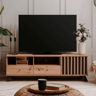 Finori Finori - Mueble Tv Medan56a 2 Cajones Y Puerta Con Compartimentos Abiertos Roble Antracita