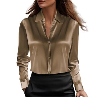 Generic Satin Tops for Women Uk 2025 Long Sleeves Slouchy Neckline Shirts Ladies Longline Blouses Office Work Pleated Turndown Collar Fashion Shirts Collar Bl