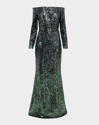Elie Saab Off-The-Shoulder Ombre Sequined Long-Sleeve Gown