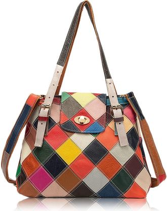 Generic Womens Patchwork Handbag with Top Handle, Unique Cowhide Leather Shoulder Bag, Colorful Medium Shoulder Bag, Fashion Handbag for Women