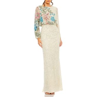 Mac Duggal Womens High Neck Blouson Sleeve Sequin Gown in Nude Multi at Nordstrom, Size 12