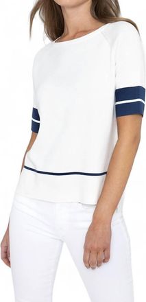 Kinross Cashmere Short Sleeve Tipped Hi-Low Pullover In White/eclipse
