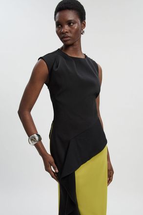 Karen Millen Womens Petite Soft Tailored Asymmetric Neck Draped Waist Detail Midi Dress - Yellow - Size 14 UK