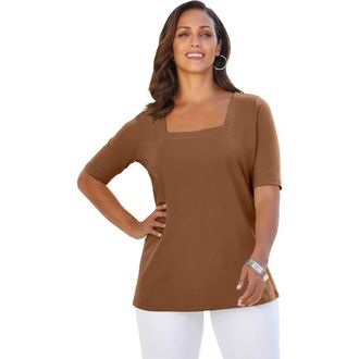 Jessica London Stretch Cotton Square Neck Tee in Cognac at Nordstrom, Size 40