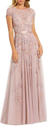 Mac Duggal Floral Embellished Short Sleeve Mesh Gown in Mocha at Nordstrom, Size 16