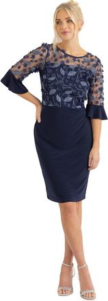 Klass ITY Floral Applique Fitted Dress - Navy - 16