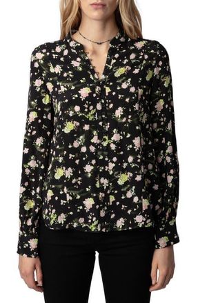 Zadig&Voltaire Twina Rose Print Button-Up Shirt in Noir at Nordstrom, Size X-Small
