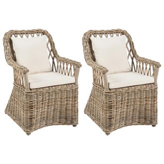Beliani Conjunto De 2 Sillas De Rat&aacute;n Natural Interior Cojines Beige Claro Maros Ii