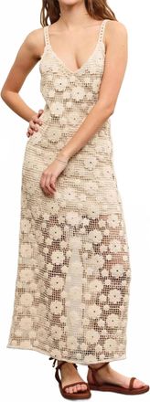 Mustard Seed Solid Crochet Floral Slit Midi Dress In Natural