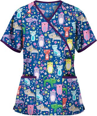 Generic Cute Scrubs Uniforms for Women Uniform Cat Grooming Cute Printed Nurses Uniform Lace up Nurses Scrubs Top Short Sleeve Beauty Tunics Tops Spa Salon Wo