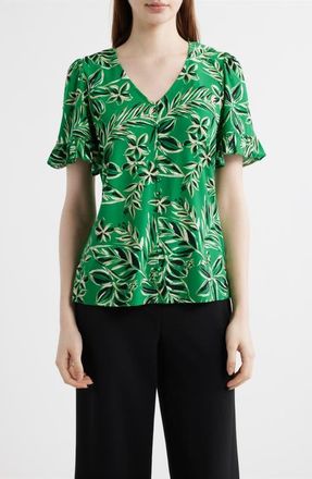 Anne Klein Tropical Floral V-Neck Button-Up Knit Top in Tropical Green Multi at Nordstrom, Size X-Large P