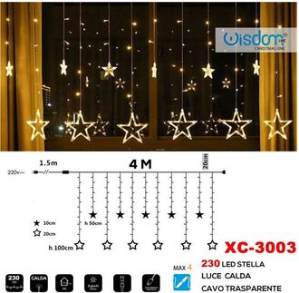 Trade Shop Trade Shop - Tenda Luminosa Natalizia 230 Led Con Stelle Luce Calda Cavo Trasparente Xc-3003