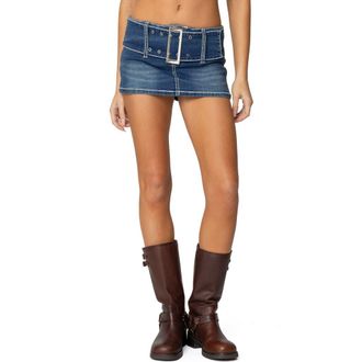 Edikted Payson Low Rise Belted Denim Miniskort in Blue-Washed at Nordstrom, Size X-Small