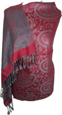 World of Shawls Ladies Floral Paisley Bordered Pashmina Feel Shawl Scarf Wrap Stole Luxuriously Warm Soft and Silky Touch (Maroon/Teal Green)