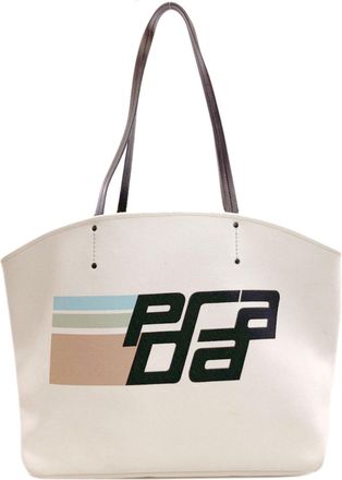 Prada Green Light Blue White Canvas Tote Bag (Pre-Owned)