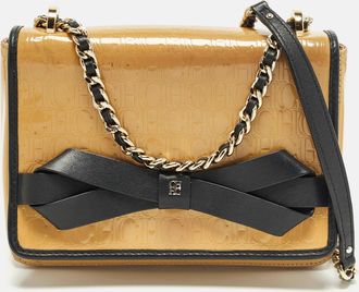 Carolina Herrera Bow Beige/black Monogram Embossed Patent And Leather Shoulder Bag