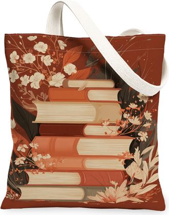 Generic Autumn Floral Canvas Tote Bags, Vintage Book Plant Pattern Reusable Grocery Bags, Lightweight Washable Shoulder Strap, Rust, 13x15 Inch
