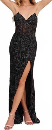 Primavera Strapless Long Beaded Prom Dress In Black