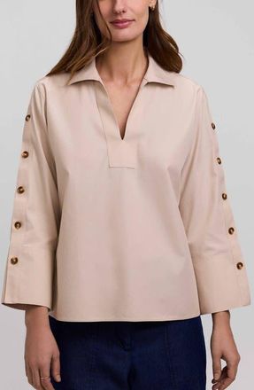 Foxcroft Lainey Button Accent Cotton Popover Top in Light Khaki Beige at Nordstrom, Size X-Small
