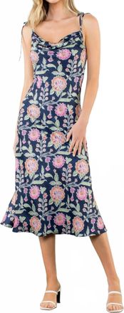 THML Clothing Womens Tie Strap Cowl Neck Floral Midi Dress In Blue Multi