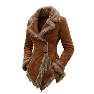 Generic Womens Vintage Suede Jackets Retro Thick Shearling Jacket with Faux Fur Trim Ladies Casual Notched Lapel Collar Button Western Coats Winter Warm Outer