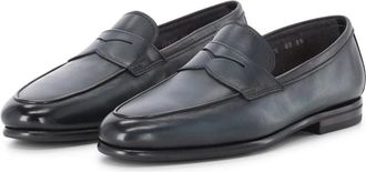 Santoni Met de hand vervaardigde leren instapper met moderne twist - Heren - Loafers - Blauw - 42 1/2 EU - Leer - Schoenen
