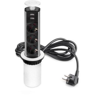 Emuca Multiconector Extra&iacute;ble Vertikal, 3 Enchufes Tipo Schuko, 2 Usb Tipo A, Pl&aacute;stico Y Aluminio, Pintado Blanco - Emuca
