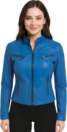 Infinity Leather Womens Blue Casual Slim-Fit Biker Jacket-Tulsa Lamb Leather - Size 24 UK