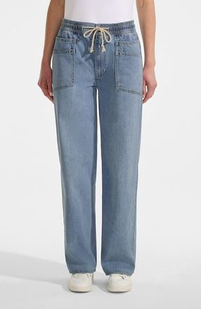 Lands End Lightweight Denim High Rise Relaxed Straight Pull On Pocket Jeans in Lake Blue Wash at Nordstrom, Size 16