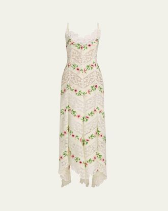 Oscar De La Renta Sleeveless Chine Hibiscus Floral Chevron Maxi Dress