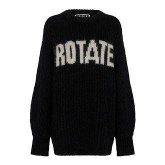 Rotate ROTATE Birger Christensen, Round-neck Knitwear, female, Black, Size: XS Oversized Knit Jumper - Black W. Turtledove Logo