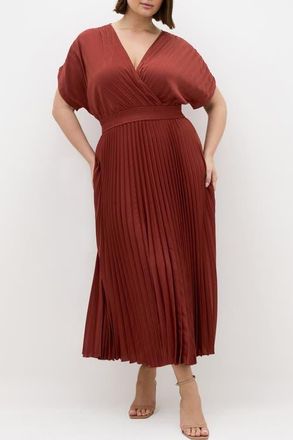 City Chic Elia Faux Wrap Pleated Dress in Sienna at Nordstrom, Size Xxxs