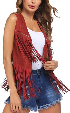 Generic HUIFUAO Fringe Tops for Women Black Sleeveless Western Clothing Vintage Fringe Vest 70s Hippie Outfits Tassel Shirt Rivet Suede Jacket Cardigan Crop G