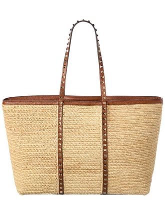 Valentino Rockstud Straw & Leather Tote