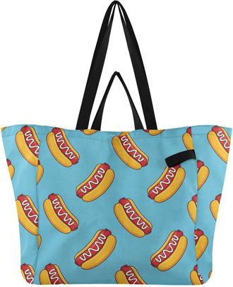 Generic Hot Dog Blue pattern Reusable Canvas Tote Bag, Heavy Duty Grocery Shopping Bag with Hard Bottom Double Handles Large Capacity Work Groceries Travel