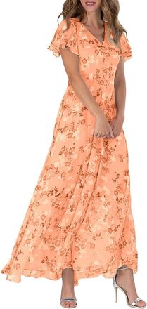 Generic Womens Floral Maxi Dress, Orange, 3XL, V-Neck, 3/4 Sleeve, Casual, Elegant, Spring, Summer, Fall