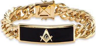 Palm Beach Jewelry Mens Genuine Onyx Masonic Gold-Plated Insignia Curb-Link Bracelet 8