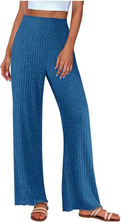 Generic Ribbed Knit PajamaTrousers for Women UK Baggy Wide Leg Lounge Jogging Pants Elastic Waisted Straight Leg Trousers Casual Solid Color Soft Comfy Tracks